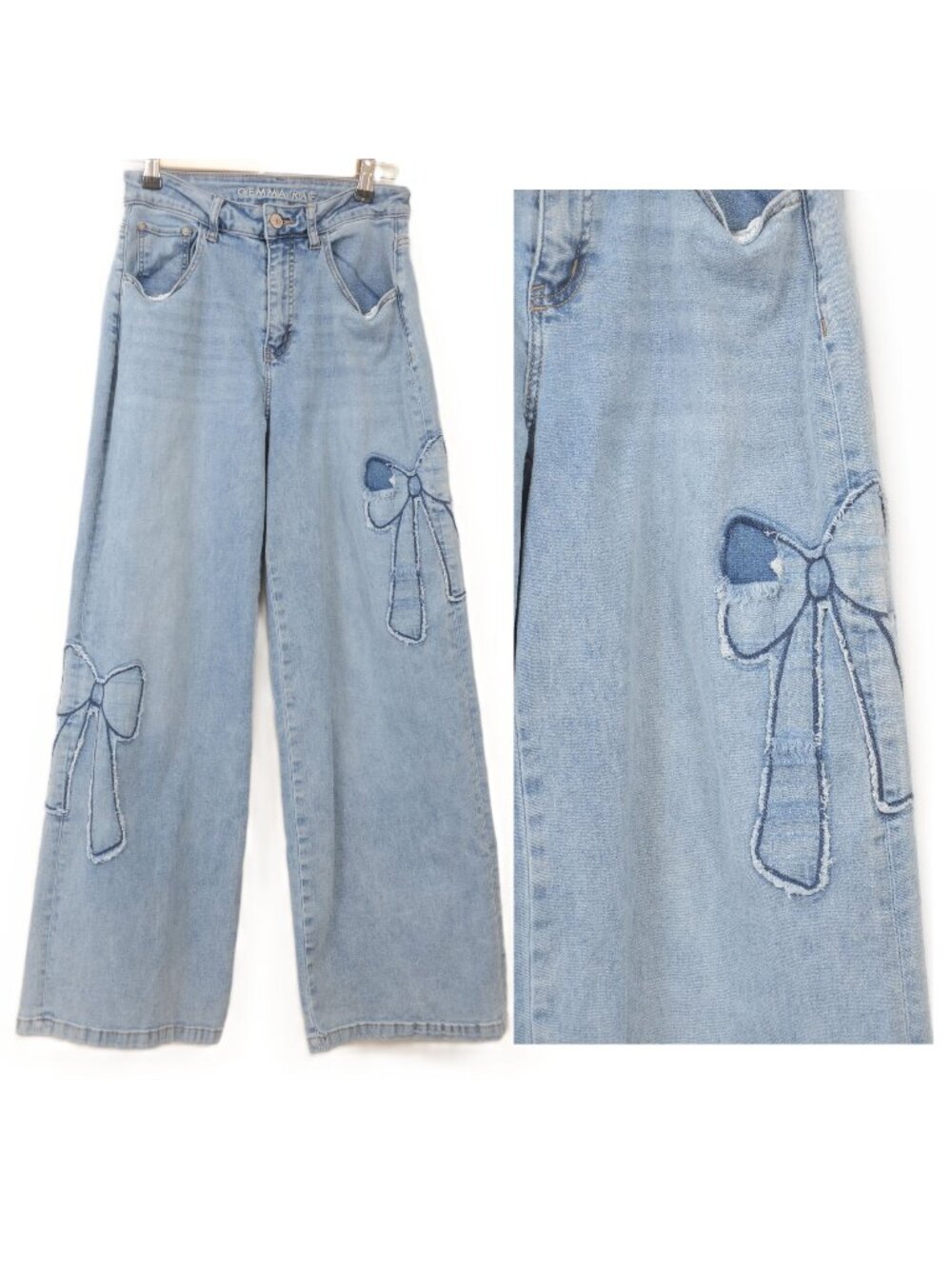 Gemma Rae Junior Size 7 Wide Leg Embroidered Bows Light Wash Jeans Hippie Boho